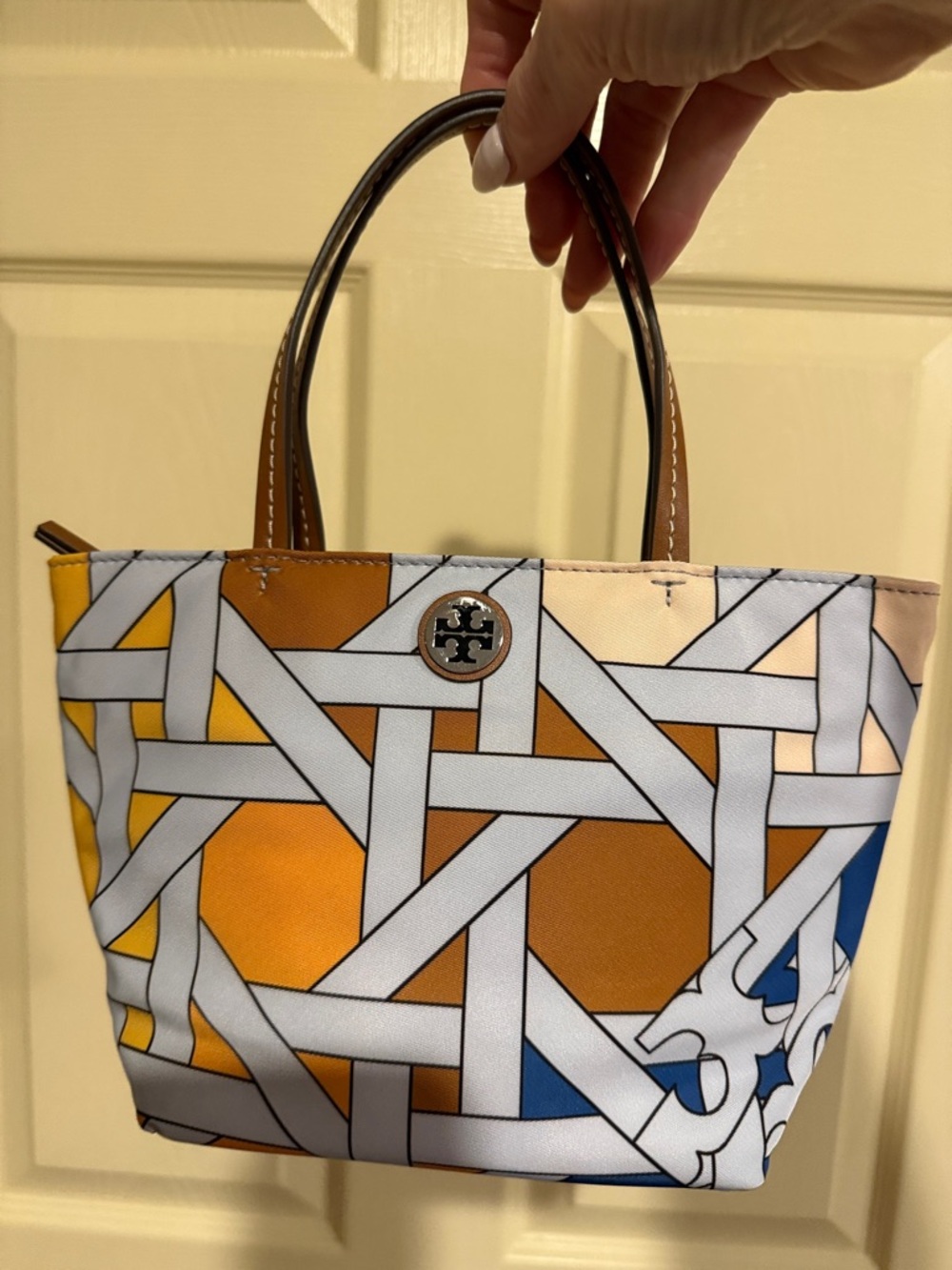 Tory Burch Nylon Printed Mini Tote Blue Basketweave Colorblock - Picture 11 of 11